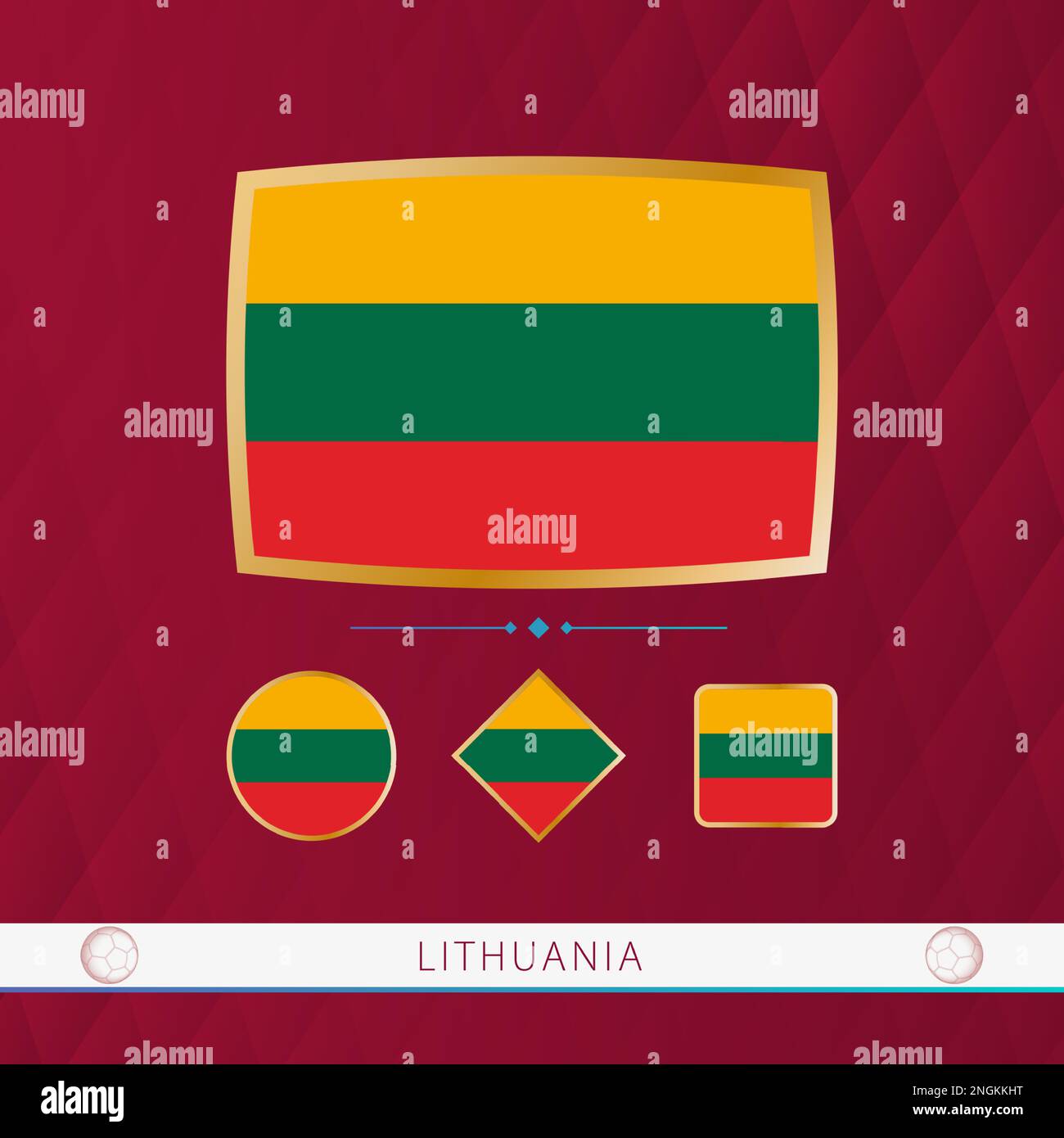Set di bandiere lituane con cornice dorata per eventi sportivi su sfondo astratto bordeaux. Raccolta di flag vettoriali. Illustrazione Vettoriale