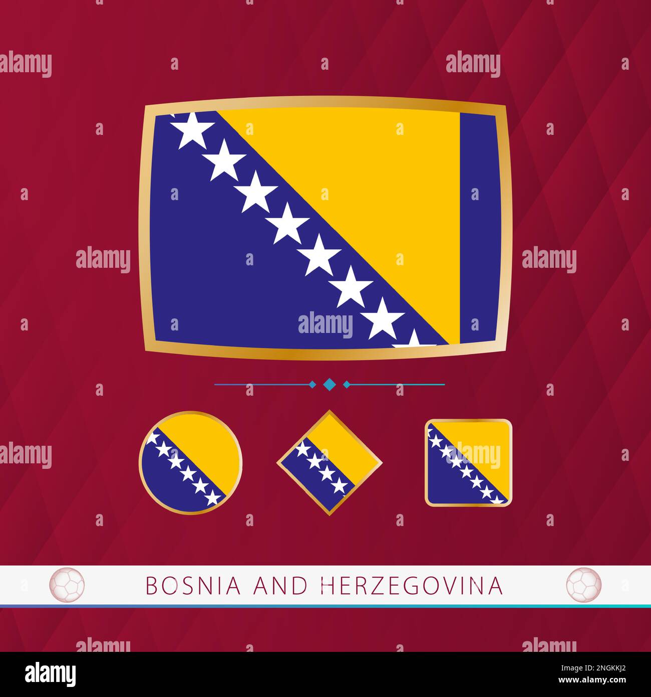 Set di bandiere della Bosnia-Erzegovina con cornice d'oro per eventi sportivi su sfondo astratto della borgogna. Raccolta di flag vettoriali. Illustrazione Vettoriale