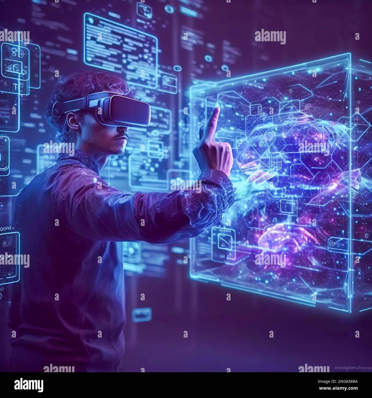 Concetti sulla tecnologia Metaverse e Blockchain. Tono futuristico. Una persona con gli occhiali cerca di toccare gli oggetti per le esperienze di un mondo virtuale metaverse. Foto di alta qualità Foto Stock