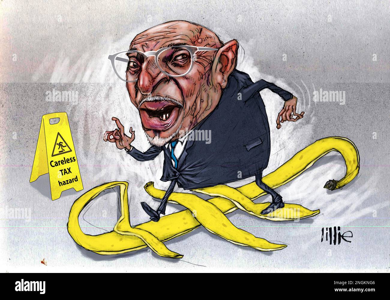 Satira stile cartoon caricatura del politico conservatore Nadhim Zahawi, facendo riferimento alle accuse di evasione fiscale e mancata archiviazione delle sue tasse correttamente. Foto Stock
