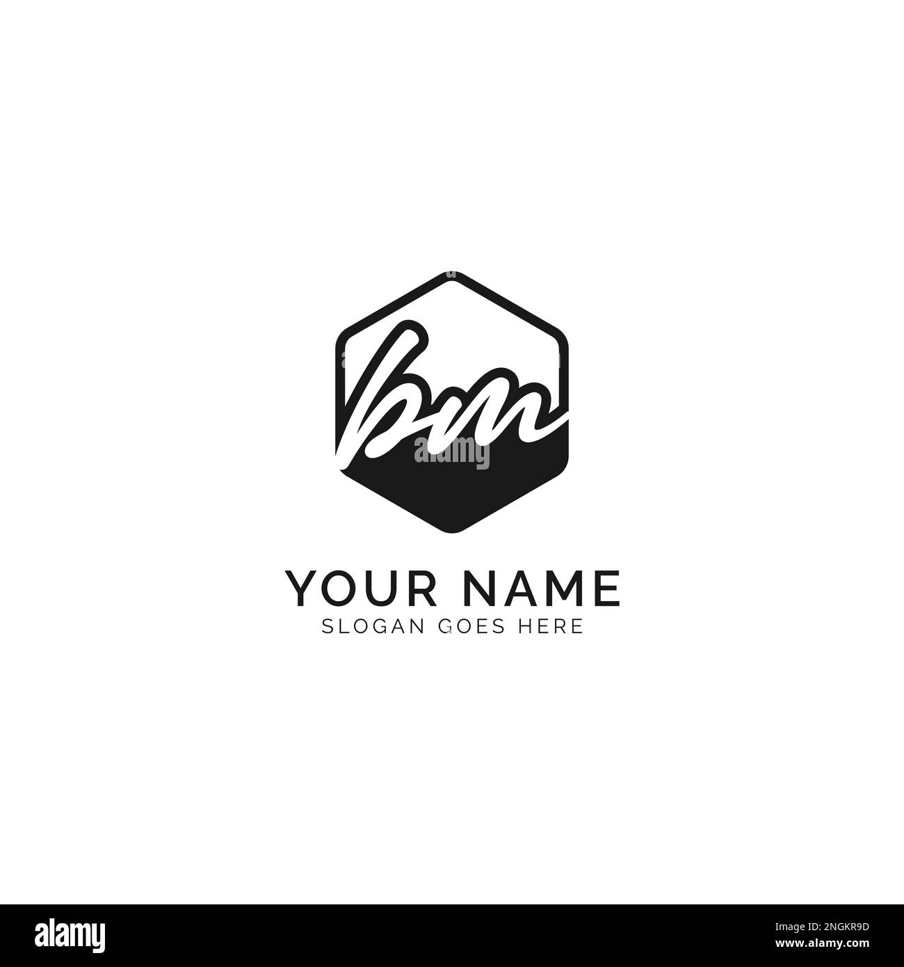 B, M, BM lettera iniziale manoscritta e modello di immagine vettoriale della firma con logo a forma esagonale Illustrazione Vettoriale
