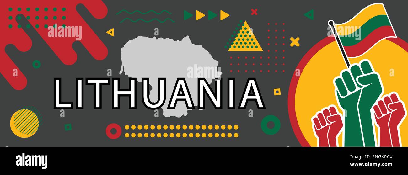 Lituania Indipendenza e bandiera nazionale con bandiera lituana colori tema forme d'arte geometrica, pugni in rilievo, disegno di copertina sfondo con mappa. Illustrazione Vettoriale