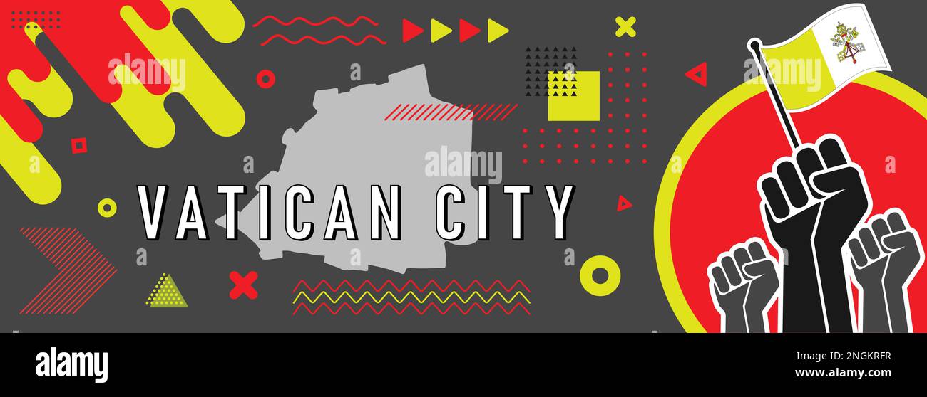 Indipendenza della Città del Vaticano e vessillo nazionale in arte geometrica, pugni rialzati, forme. Copertina di sfondo in colori bandiera tema con la mappa. Illustrazione Vettoriale