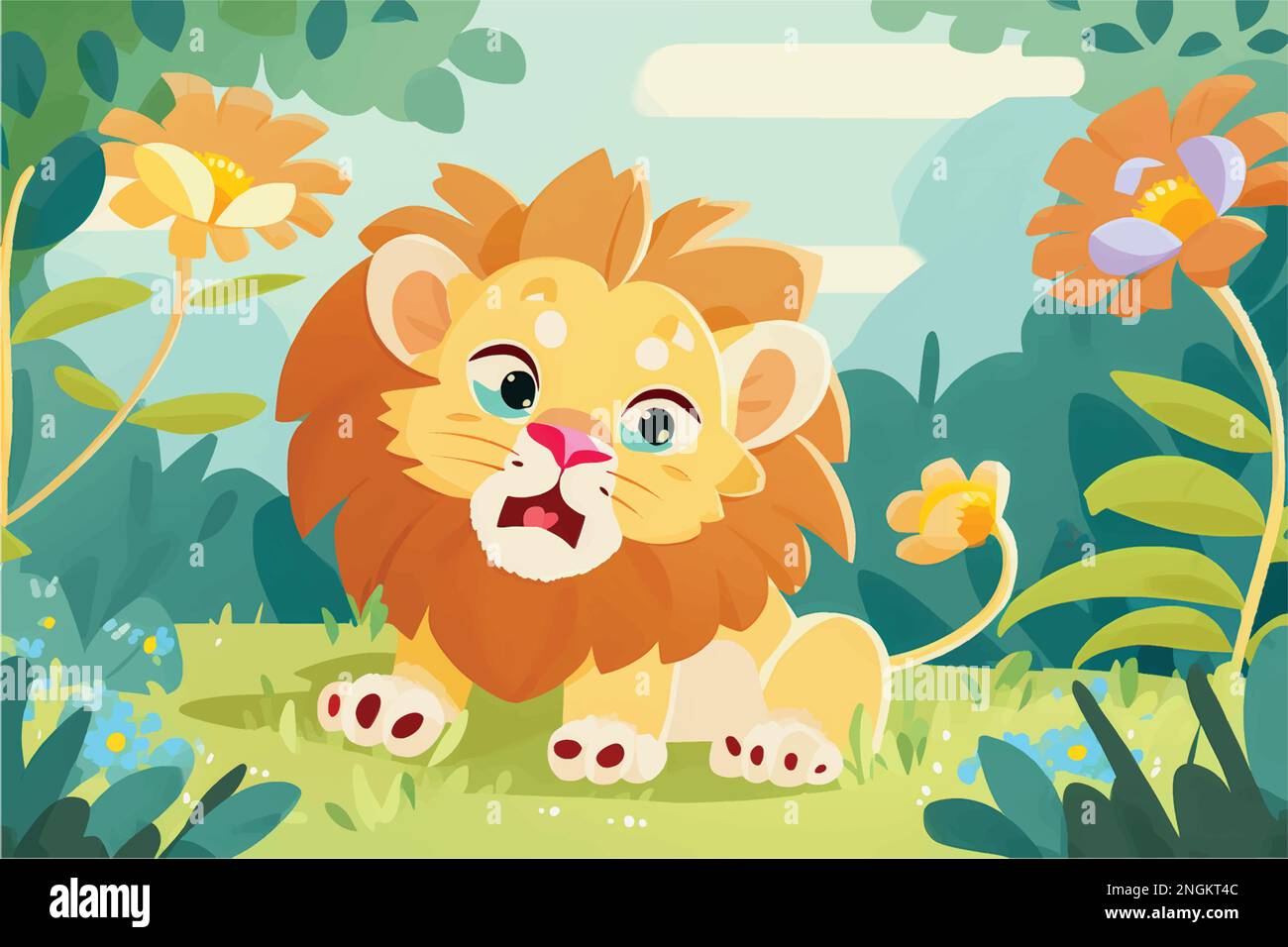 Questa giocosa illustrazione di un leone amichevole con una priorità bassa della natura è perfetta per i capretti. Lo stile affascinante e accessibile. Illustrazione Vettoriale