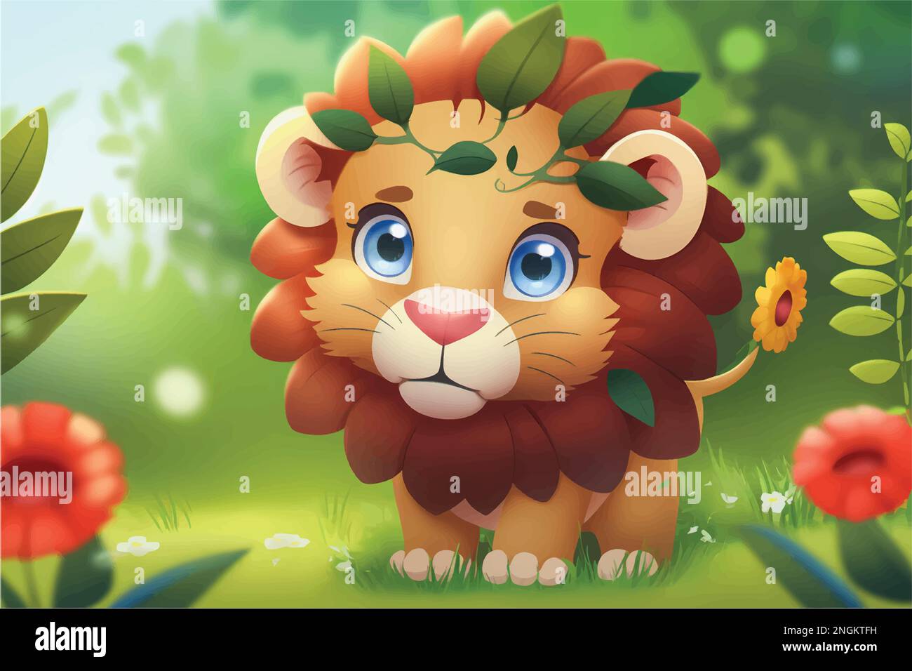 Questa giocosa illustrazione di un leone amichevole con una priorità bassa della natura è perfetta per i capretti. Lo stile affascinante e accessibile. Illustrazione Vettoriale