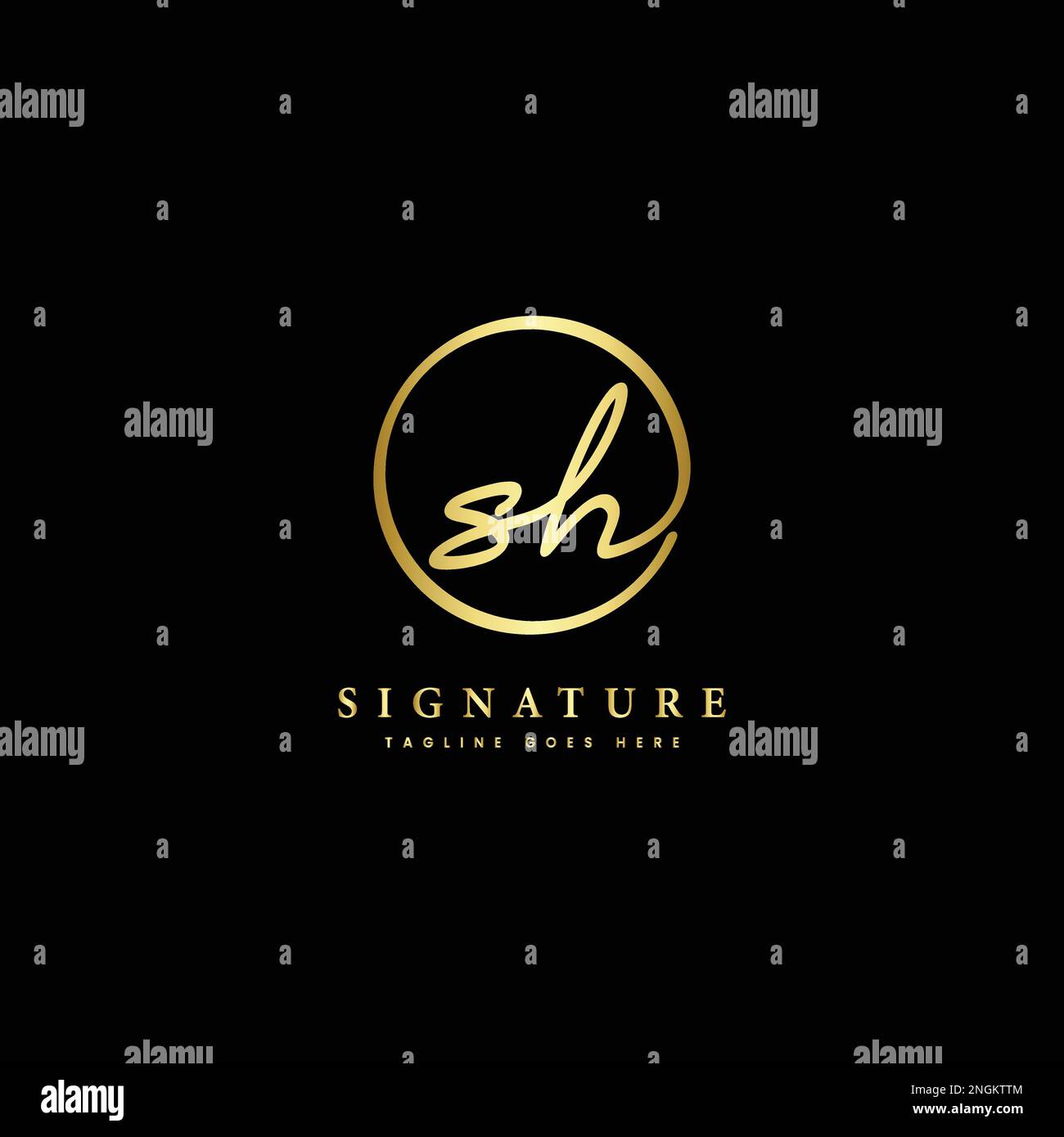 S, H, SH lettera iniziale manoscritta e logo vettoriale della firma. Modello aziendale con disegno a linee di forma rotonda Illustrazione Vettoriale