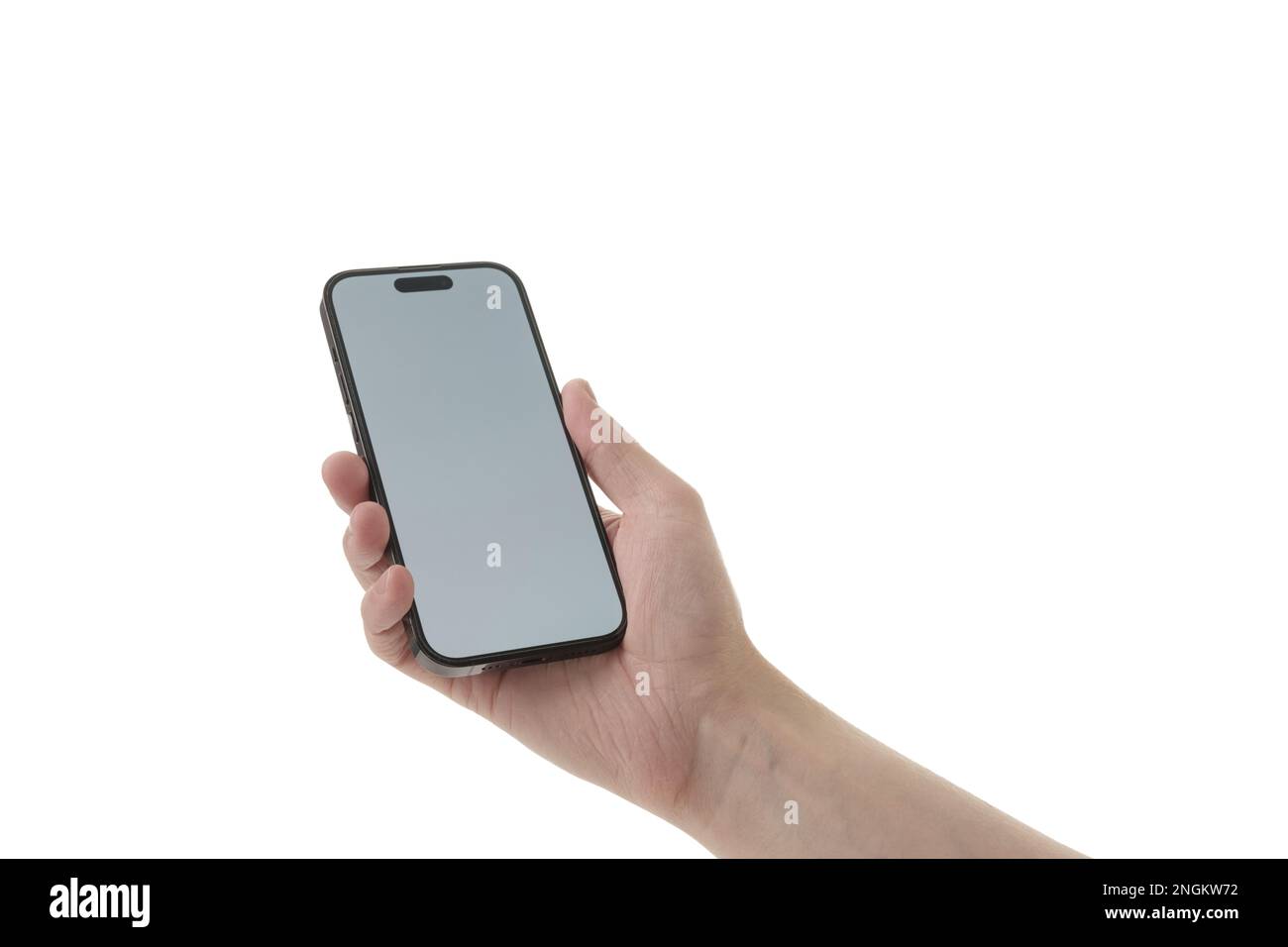 San Pietroburgo, Russia - circa dicembre 2022: Uomo che tiene a mano Apple iPhone 14 pro isolato su sfondo bianco, contenuti brandizzati Foto Stock