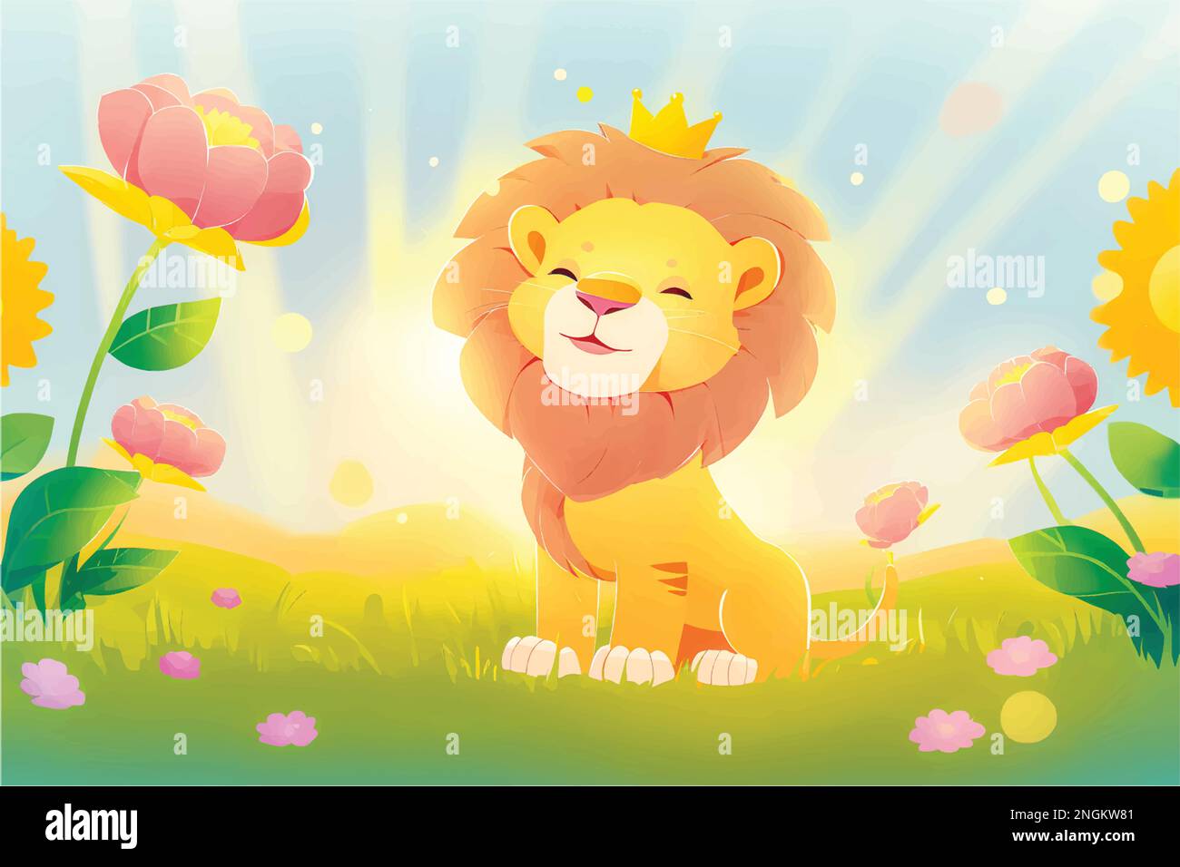 Questa giocosa illustrazione di un leone amichevole con una priorità bassa della natura è perfetta per i capretti Illustrazione Vettoriale
