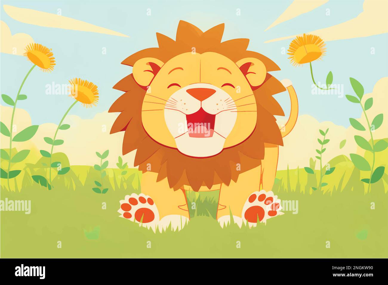 Questa giocosa illustrazione di un leone amichevole con una priorità bassa della natura è perfetta per i capretti Illustrazione Vettoriale