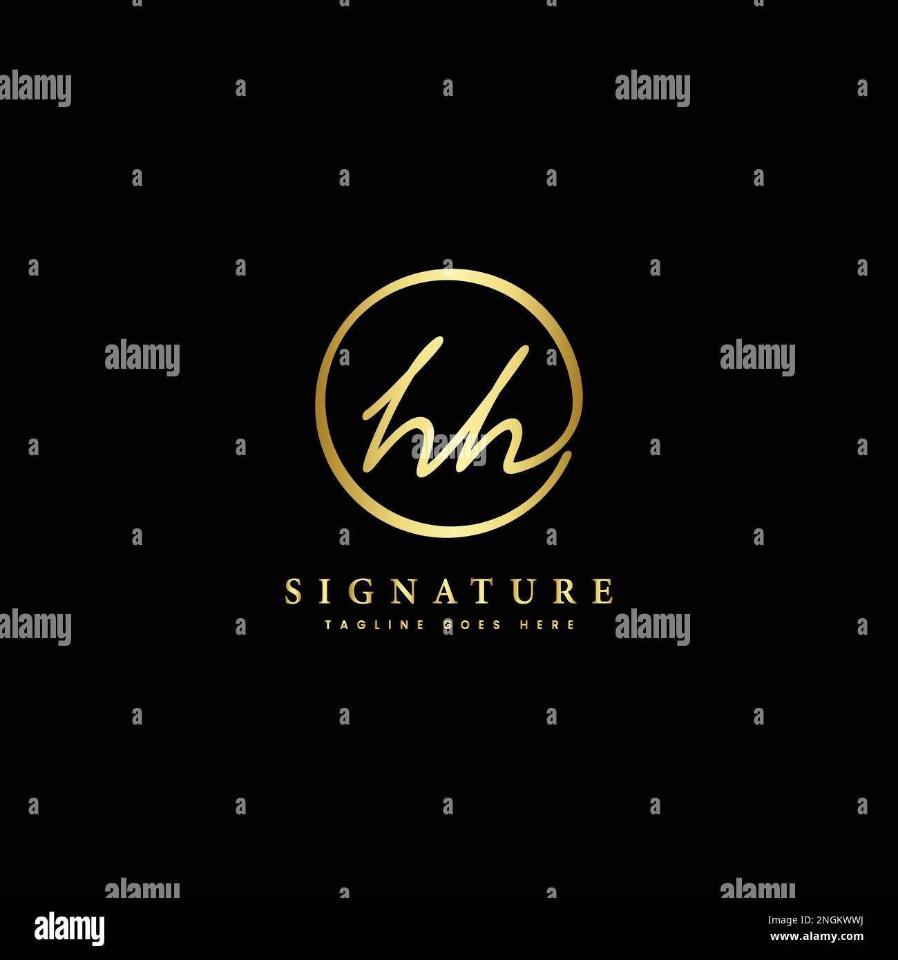 Lettera iniziale H, HH scritta a mano e logo vettoriale della firma. Modello aziendale con disegno a linee di forma rotonda Illustrazione Vettoriale