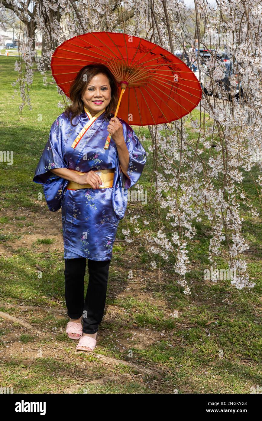 Donna in kimono blu con ombrellone sotto i fiori di ciliegia al bacino del Tidal a Washington, DC Foto Stock