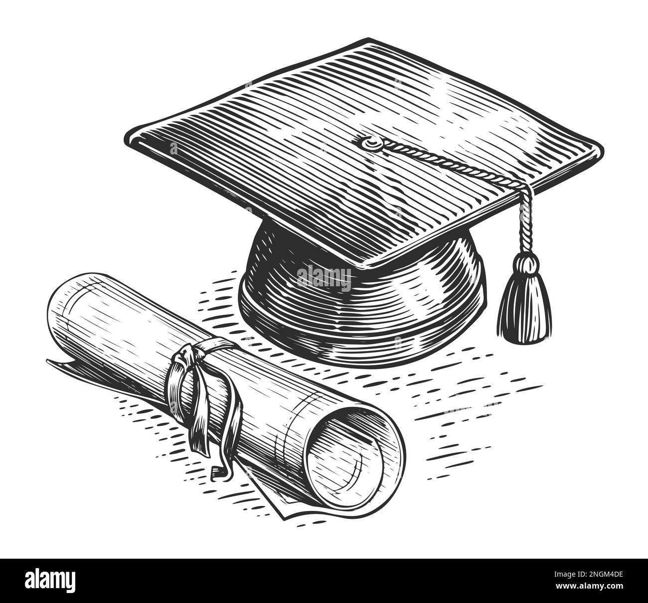 Tappo di laurea e diploma in stile schizzo. Laurea accademica, concetto di istruzione. Illustrazione vintage Foto Stock
