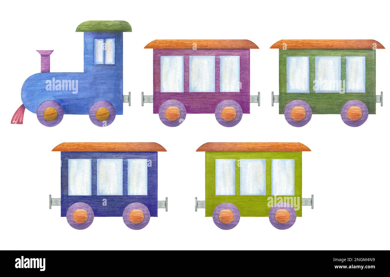 Acquerello illustrazione di un set di capretto treno di legno isolato su sfondo bianco. Stanza dei bambini, arredamento della stanza dei bambini. Giocattoli per bambini con materiali ecologici. Foto Stock