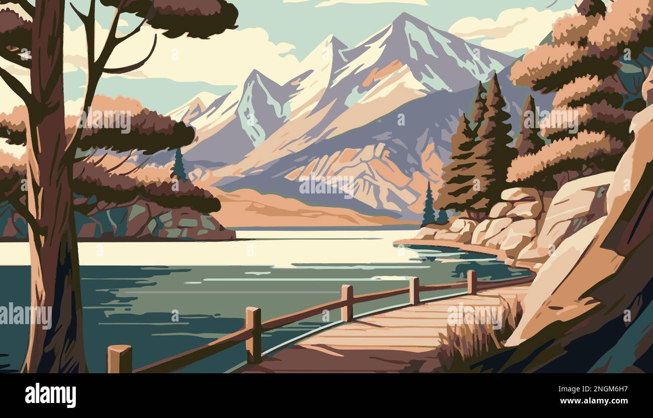 Ponte sul lago con paesaggi di montagna sullo sfondo. Paesaggio di montagne in stile anime. Illustrazione vettoriale Illustrazione Vettoriale