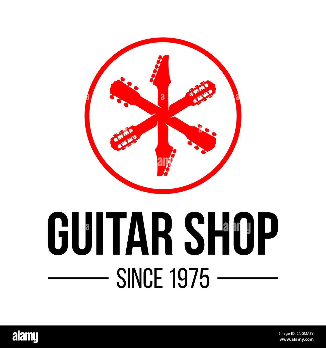 Guitar shop logo modello vettoriale, con diversa forma teste di chitarra icona. Illustrazione Vettoriale