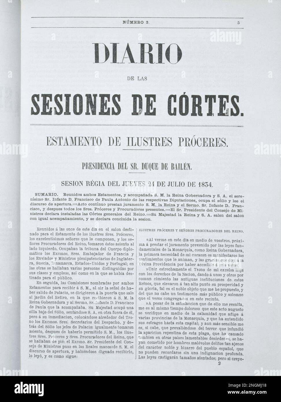 DIARIO DE LAS SESIONES DE CORTES - SESION REGIA (1ª DE LA REINA REGENTE Mª CRISTINA) 24/7/1834 - PRESIDIDA POR EL DUQUE DE BAILEN -. POSIZIONE: SENADO-BIBLIOTECA-COLECCION. MADRID. SPAGNA. Foto Stock