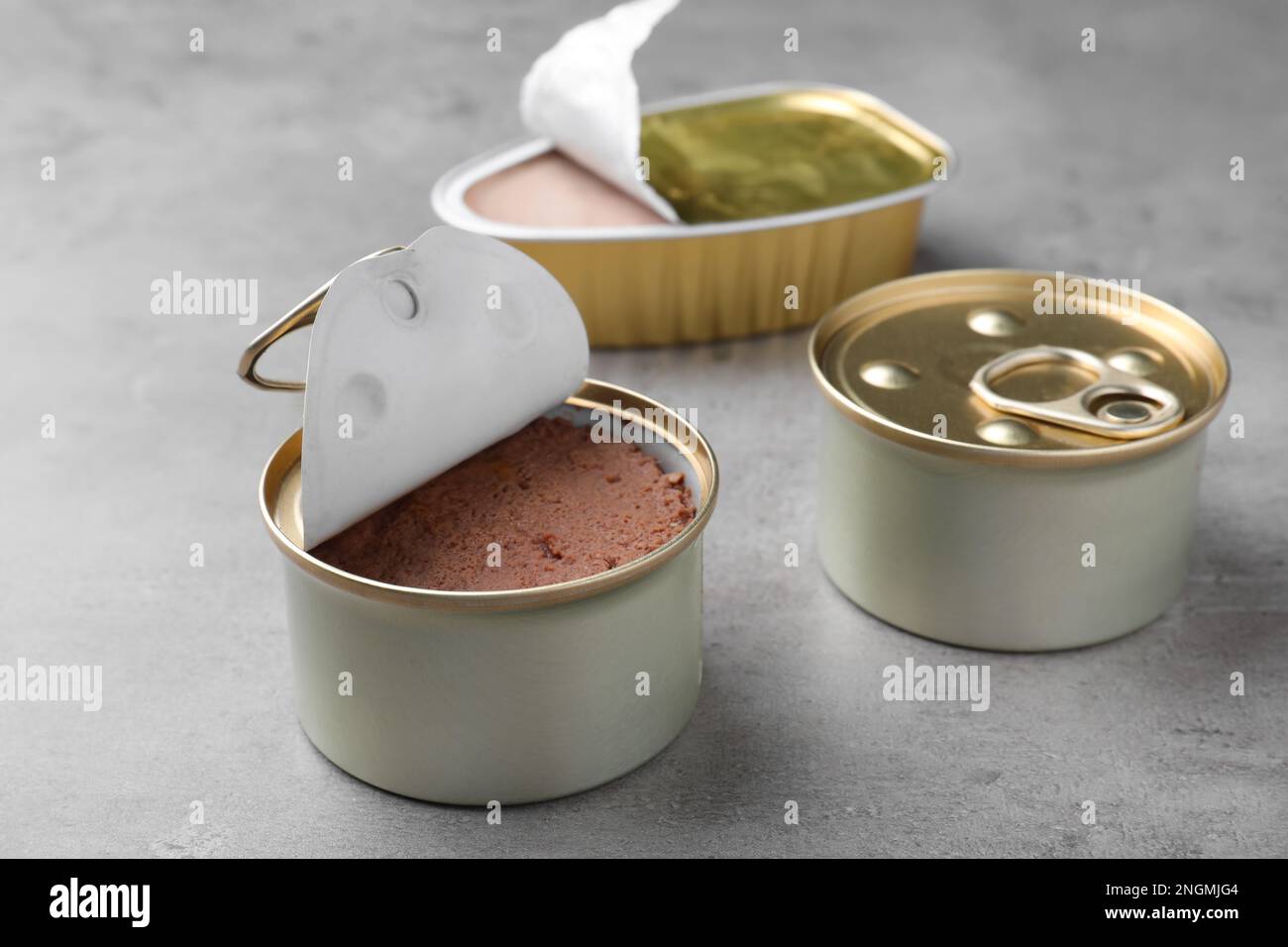 Lattine di lattine di alimenti per animali domestici bagnati sul tavolo grigio Foto Stock