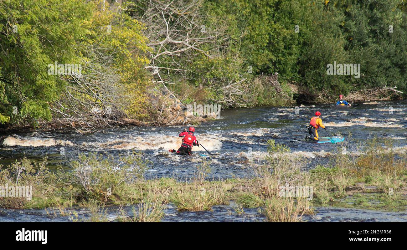 Due pedalò si dirigono attraverso una zona di acqua ruvida con un kayak che tiene d'occhio la vicina riva del fiume Foto Stock