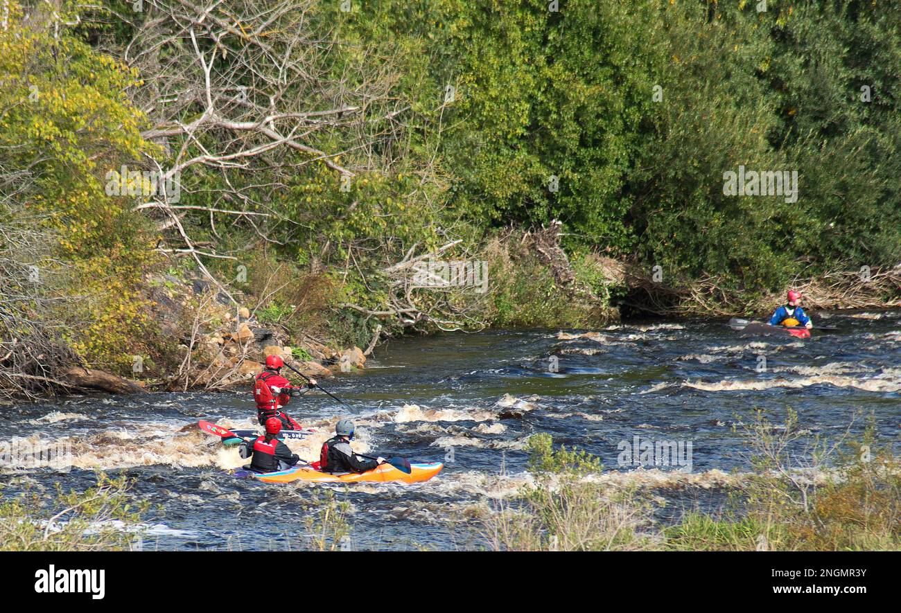 Due kayak e un pagaia si dirigono attraverso una macchia d'acqua, mentre un compagno di kayak attende al bordo delle acque vicino alla riva del fiume Foto Stock