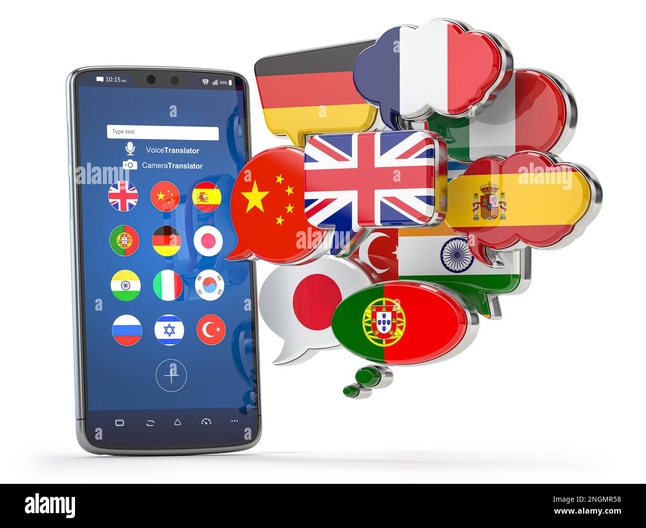 Fumetti con bandiere. Concetto di app online per dizionario, traduzione e apprendimento delle lingue. illustrazione 3d Foto Stock