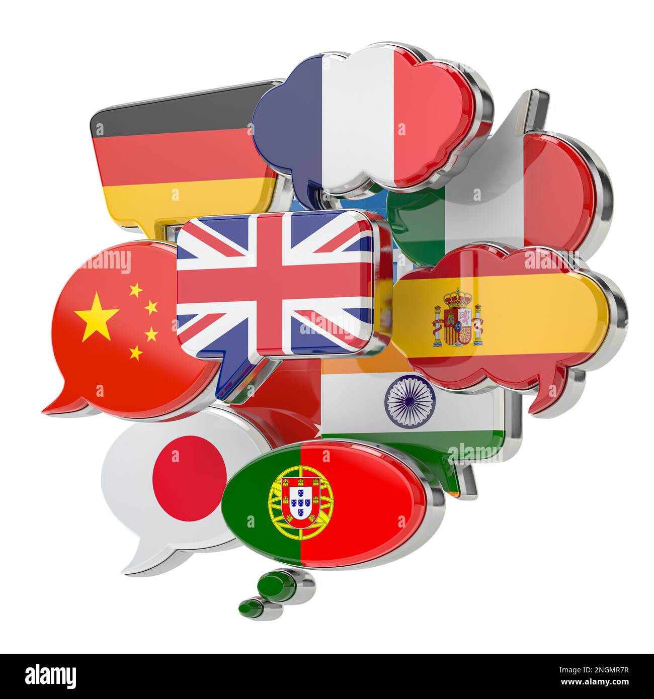 Fumetto con bandiere. Comunicazione internazionale, rete sociale, concetto di traduzione e apprendimento delle lingue. illustrazione 3d Foto Stock