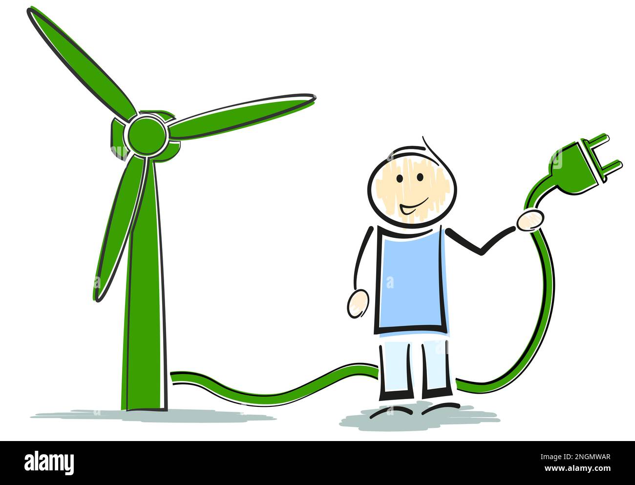 Stickman personaggio in piedi accanto a turbina eolica, verde energie rinnovabili concetto illustrazione vettoriale Foto Stock