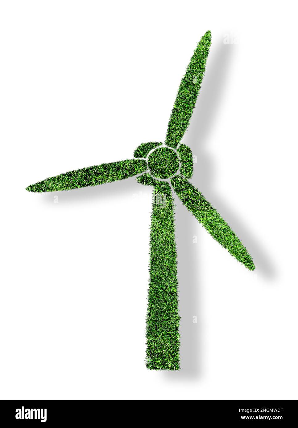 turbina eolica verde erba isolata su sfondo bianco, simbolo di concetto di energia rinnovabile e a basso impatto ambientale Foto Stock