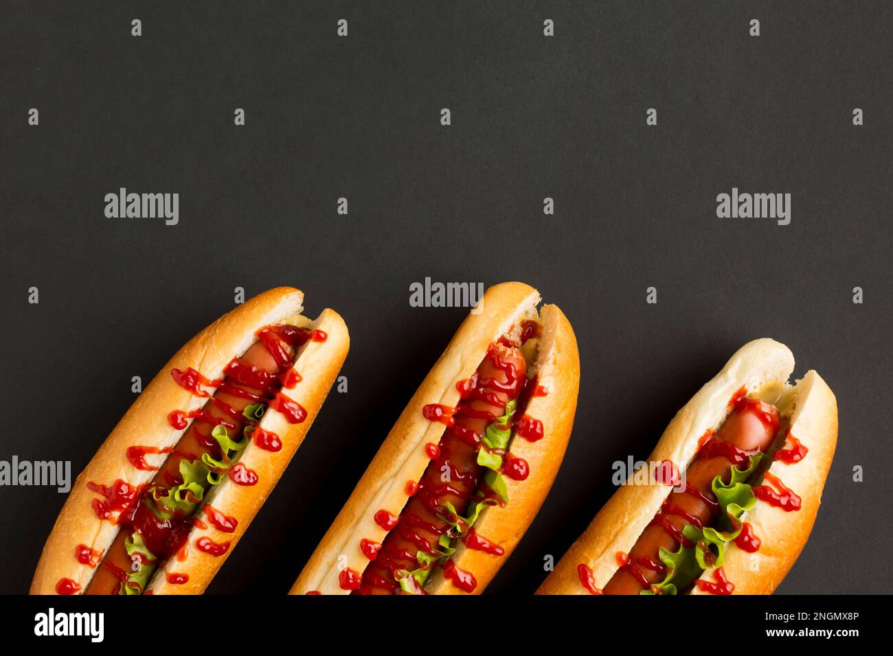 vista dall'alto, deliziosi hot dog Foto Stock