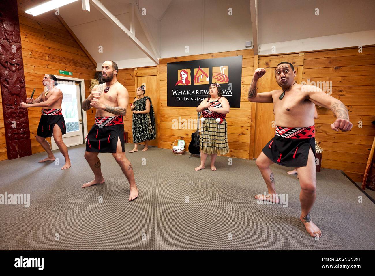 Whakarewarewa villaggio Maori. Haka tradizionale danza delle prestazioni Foto Stock