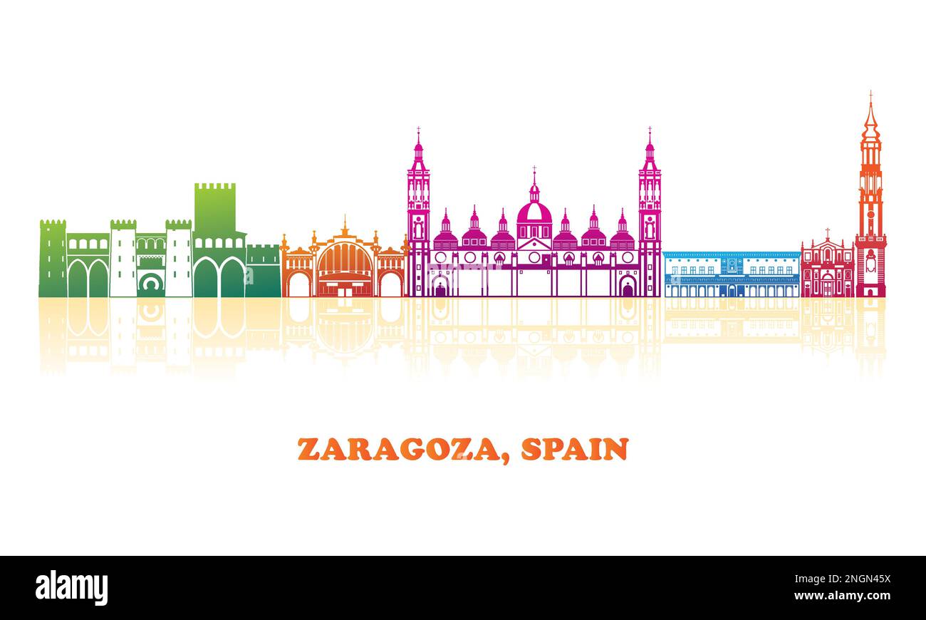 Panorama Colourfull Skyline di Saragozza, Aragona, Spagna - illustrazione vettoriale Illustrazione Vettoriale