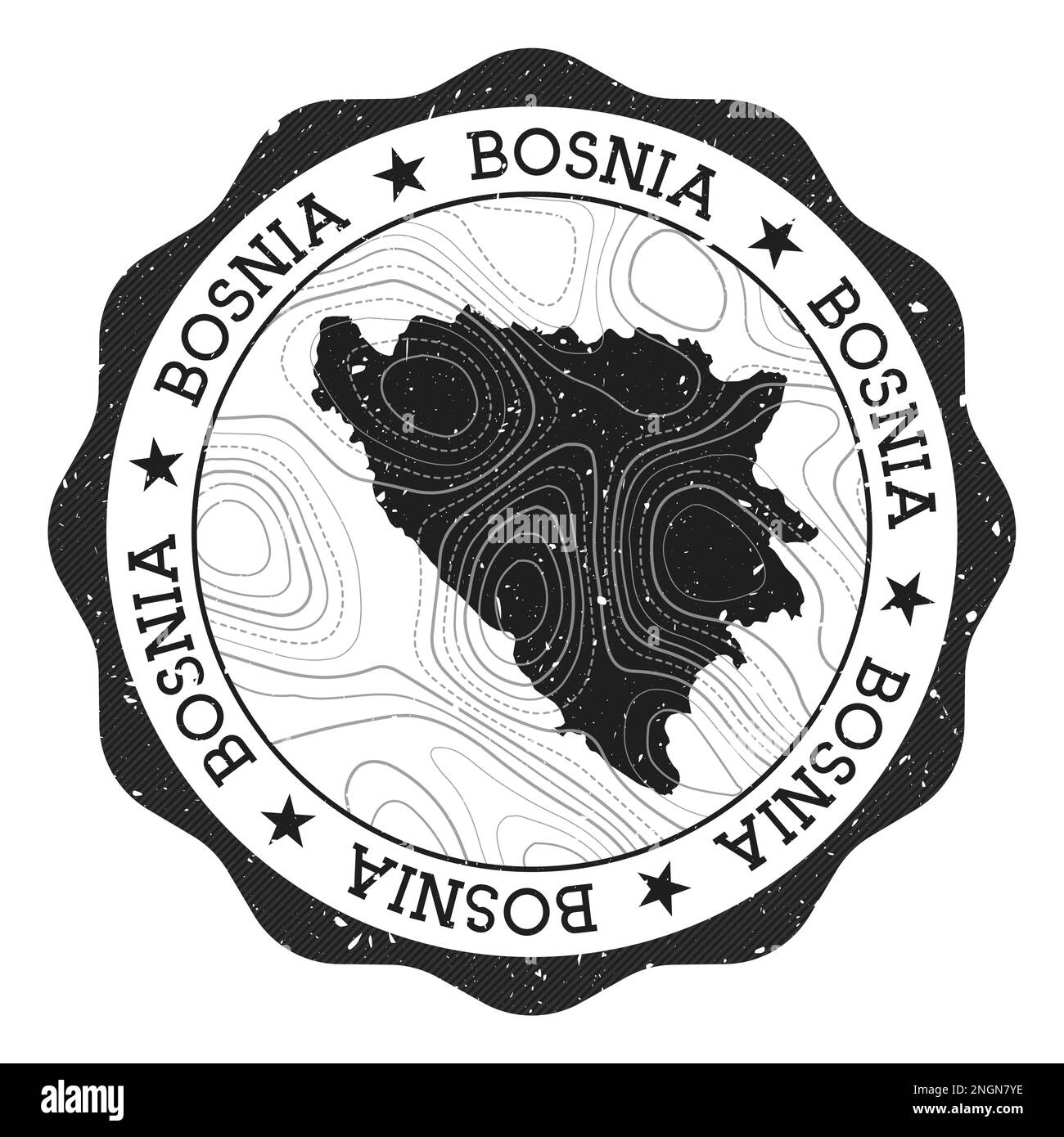 Francobollo all'aperto della Bosnia. Adesivo rotondo con mappa del paese con isoline topografiche. Illustrazione vettoriale. Illustrazione Vettoriale