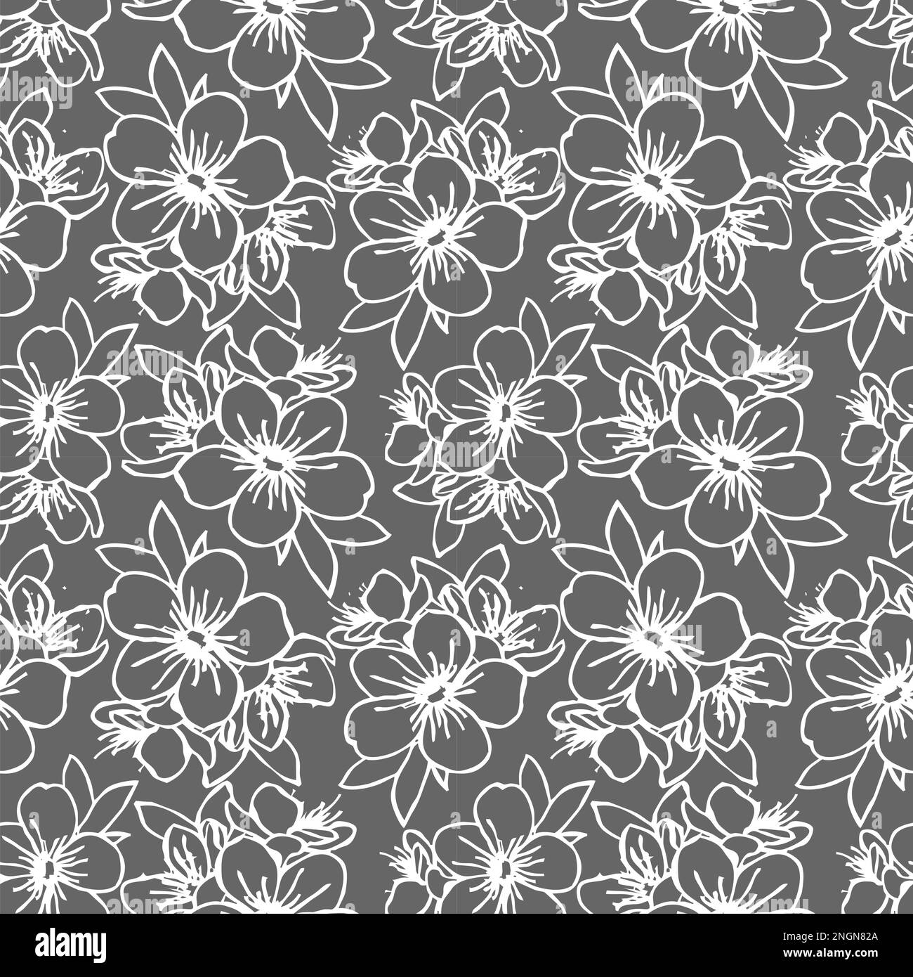 motivo senza cuciture di contorni bianchi di fiori su uno sfondo grigio, texture, design Foto Stock