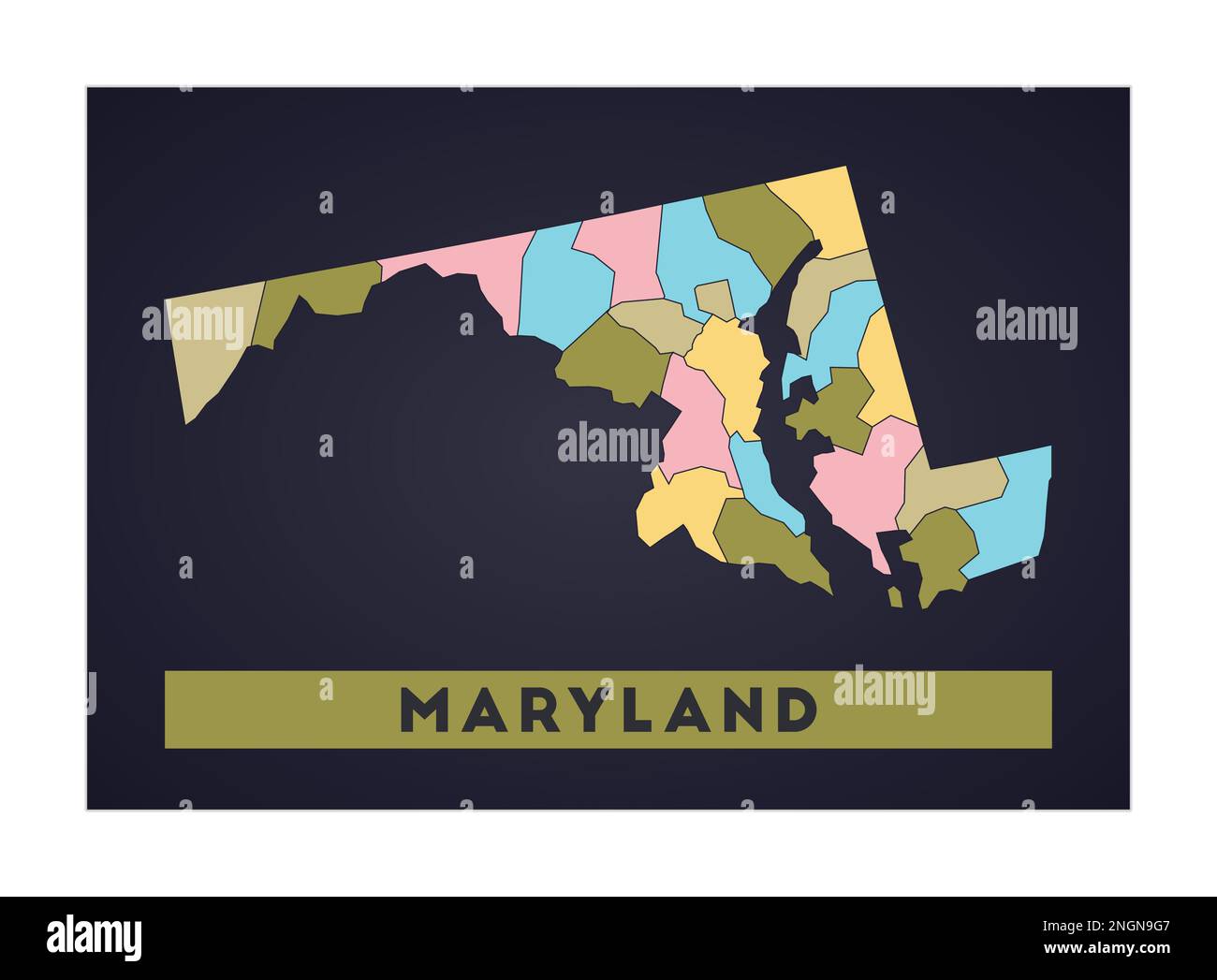 Mappa del Maryland. Poster dello stato DEGLI STATI UNITI con le regioni. Forma del Maryland con il nome dello stato degli Stati Uniti. Illustrazione vettoriale VIBRANT. Illustrazione Vettoriale
