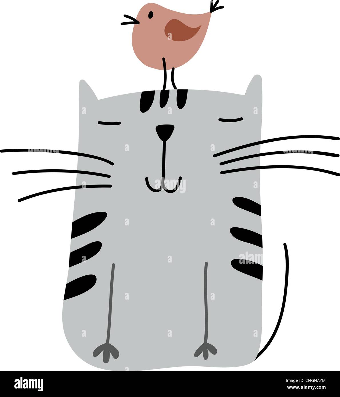 Gatto grigio vettore sulla sua testa guardando divertente uccello primavera. Carino personaggio cartone animato. Animale domestico per bambini in stile scandinavo. Cover per notebook, t-shirt Illustrazione Vettoriale