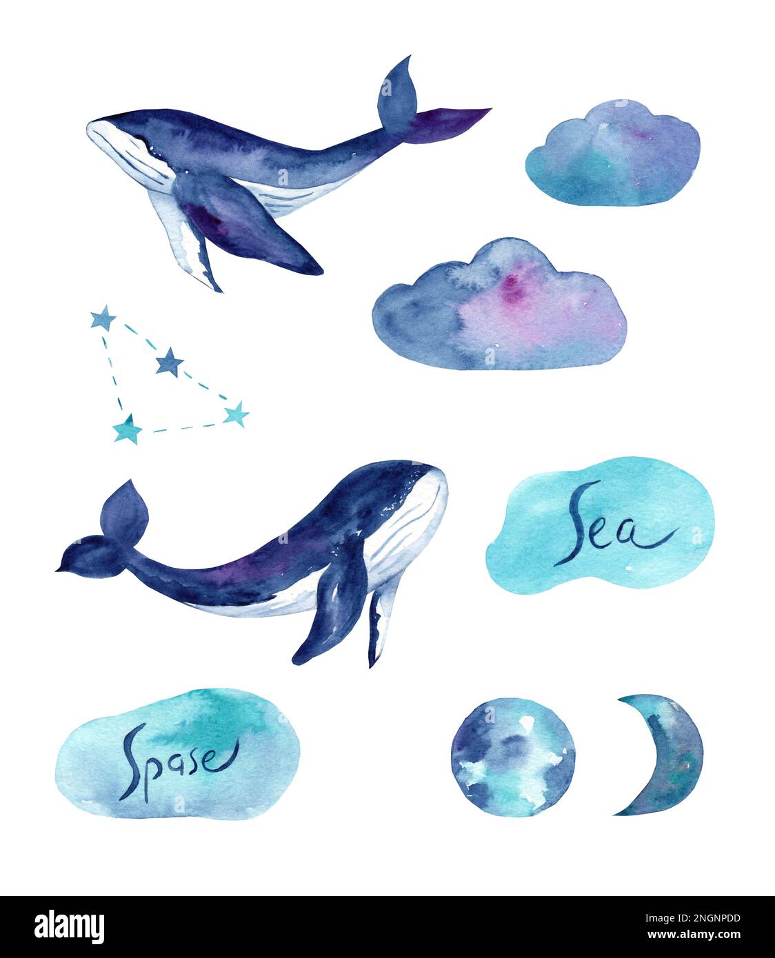 Illustrazioni di acquerello da sogno per bambini. Balene con stelle e costellazioni di colori delicati. Animali da bambino. Arte per bambini Giornata mondiale delle balene. OCE Foto Stock