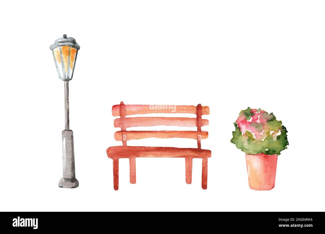 Una serie di illustrazioni acquerellate di fiori di strada in pentole, una panchina e una lanterna isolata su uno sfondo bianco. Design urbano. Ecologia. Foto Stock