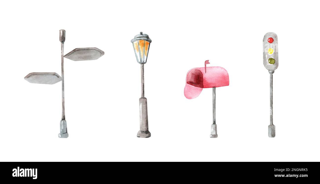 Una serie di illustrazioni acquerello lampione stradale, cassetta postale, puntatori, semafori isolati su uno sfondo bianco. Design urbano. Ecologia. Foto Stock Una serie di illustrazioni acquerello lampione stradale, cassetta postale, puntatori, semafori isolati su uno sfondo bianco. Design urbano. Ecologia. Foto Stock