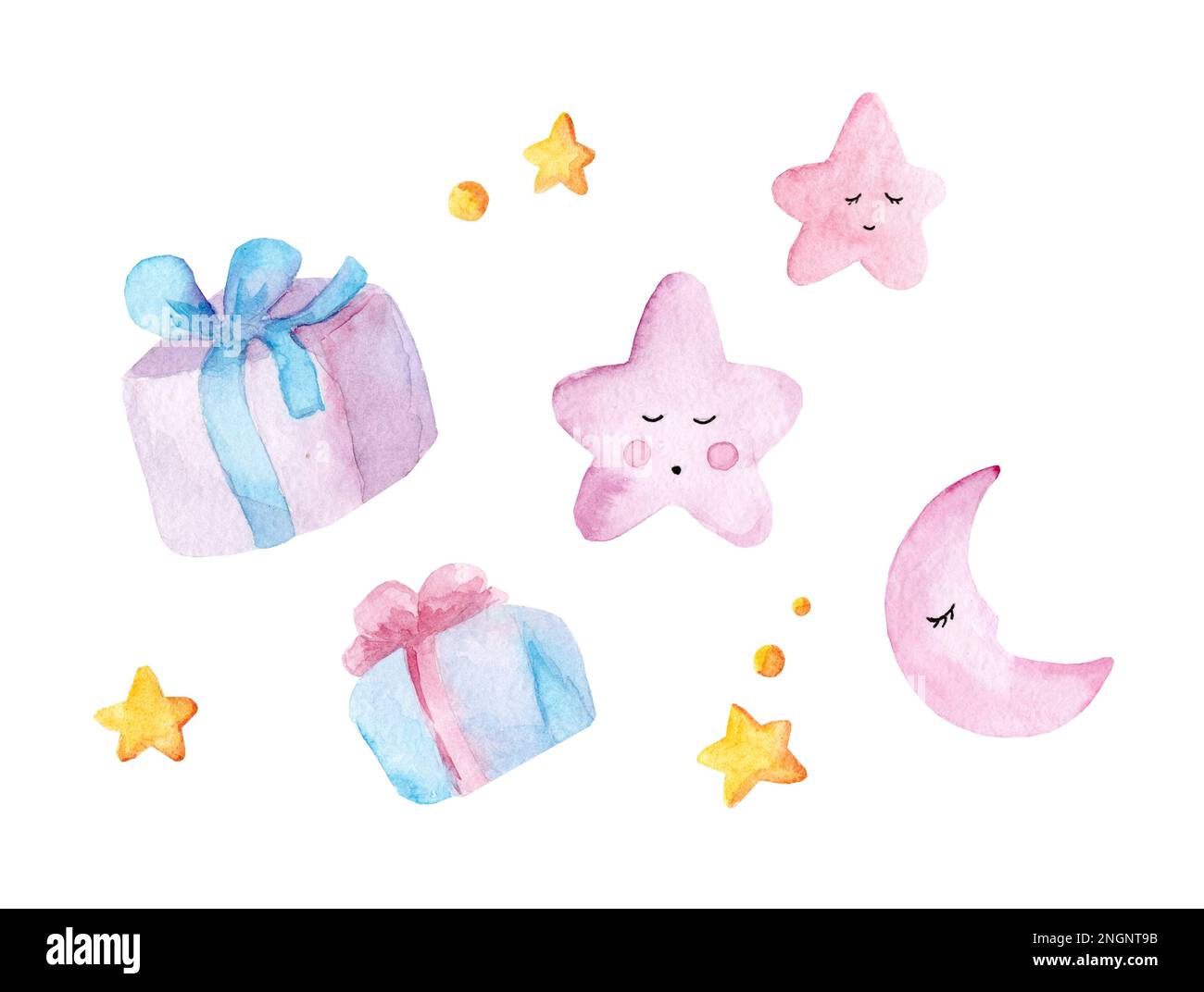 Set di graziose illustrazioni acquerello. Stelle rosa dei cartoni animati, regali luna. Decorazione della stanza dei bambini, disegno per la carta da parati, cartoline. Vacanza per bambini Foto Stock