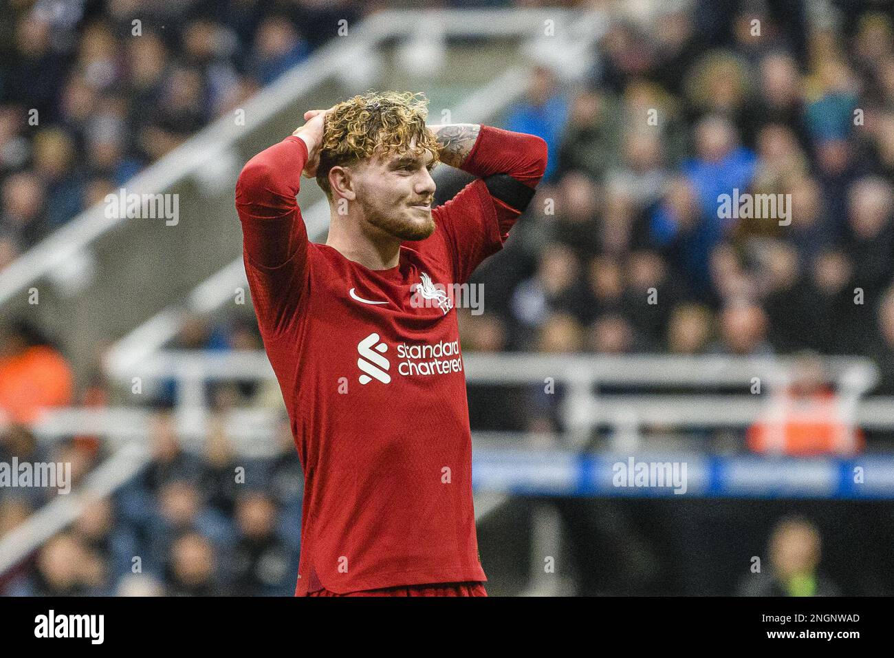 Newcastle upon Tyne, Regno Unito. 18th Feb, 2023. NEWCASTLE UPON TYNE, INGHILTERRA - 18 FEBBRAIO: Harvey Elliott di Liverpool reagisce dopo aver perso la possibilità durante la partita della Premier League tra Newcastle United e Liverpool FC a St. James Park il 2022 febbraio a Newcastle upon Tyne, Regno Unito. (Foto di Richard Callis/) (Foto: Richard Callis/Sports Press Photo/C - SCADENZA UN'ORA - ATTIVA FTP SOLO SE LE IMMAGINI HANNO MENO DI UN'ORA - Alamy) Credit: SPP Sport Press Photo. /Alamy Live News Foto Stock