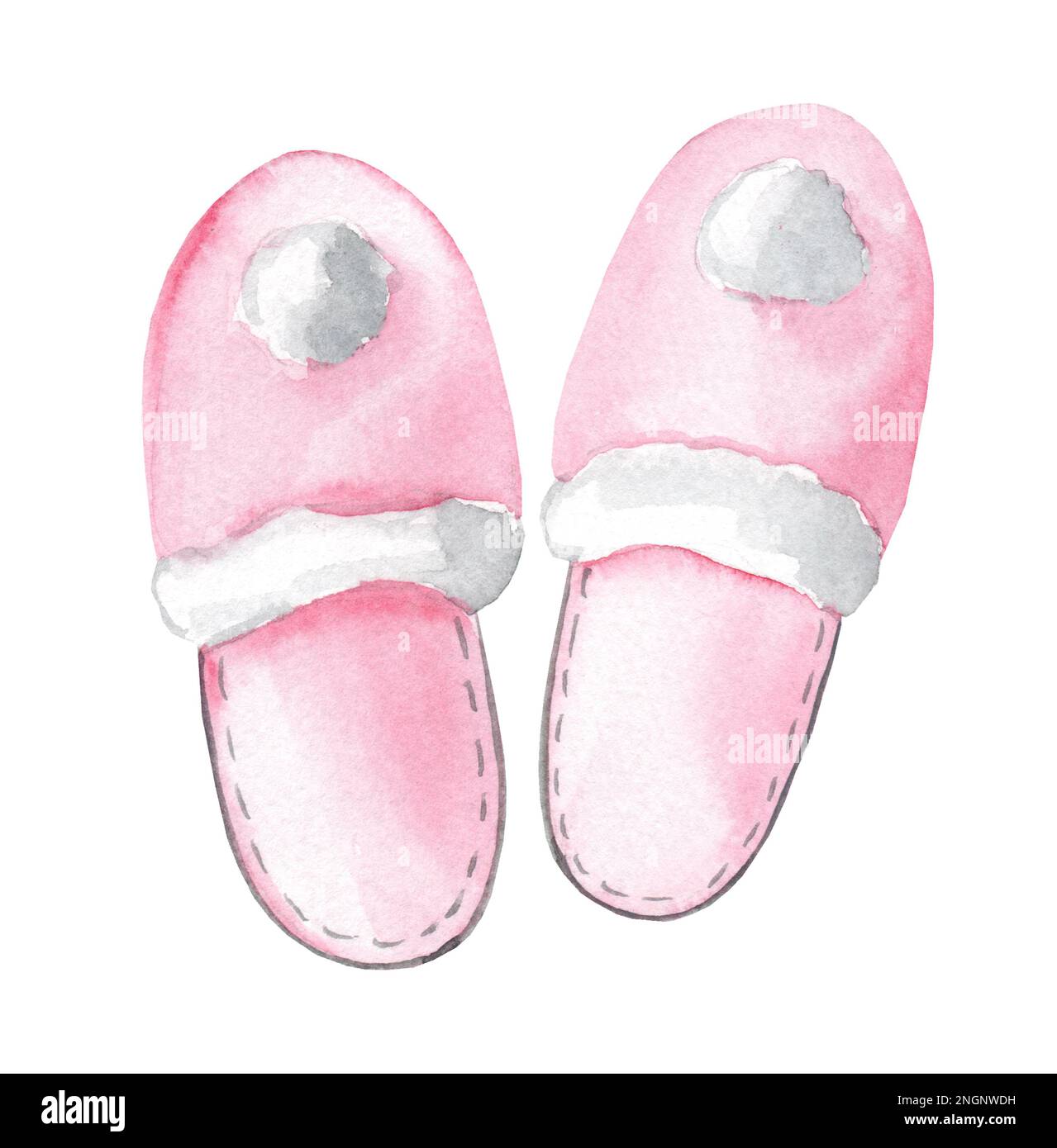 Graziose pantofole rosa da interno con pom-pom. Acquerello disegno a mano isolato su sfondo bianco Foto Stock