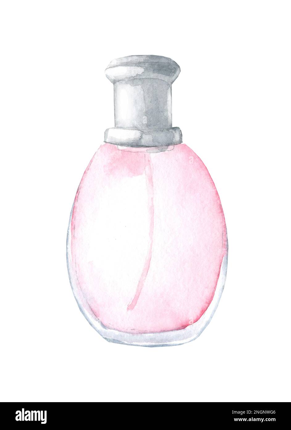 Bottiglia di profumo rosa in vetro. Illustrazione disegnata a mano con acquerello Foto Stock