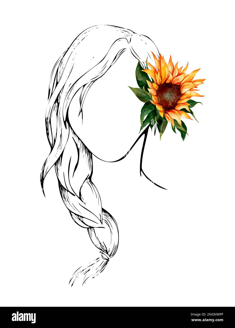 Linea di disegno della faccia. Ritratto femminile astratto con fiori acquerelli. Arte moderna minimalista Foto Stock