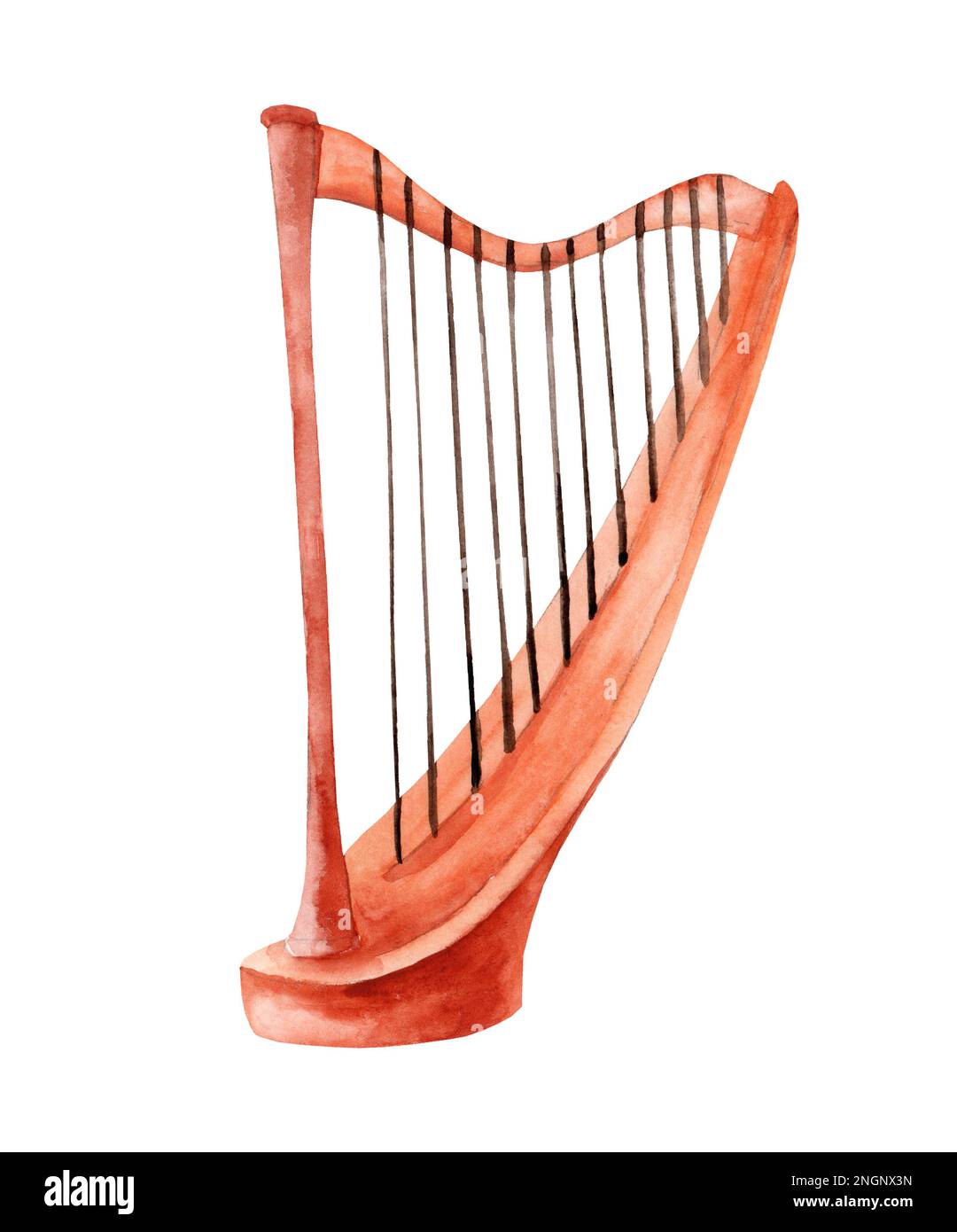 Strumento musicale a archi acquerello, arpa isolata su sfondo bianco. Musica classica Foto Stock