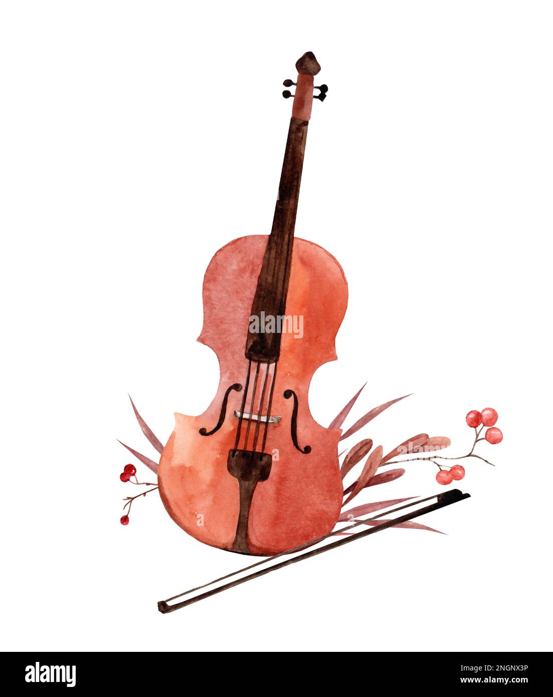 illustrazione del violino acquerello con foglie autunnali. strumenti musicali classici Foto Stock