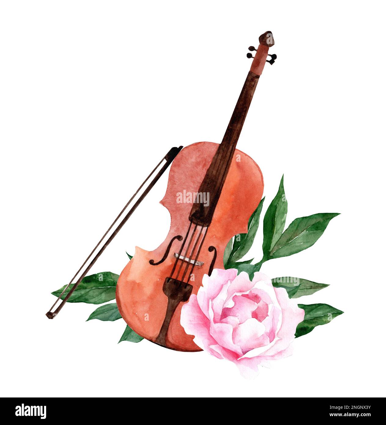 illustrazione di violino acquerello con fiori di peonia rosa. strumenti musicali classici Foto Stock