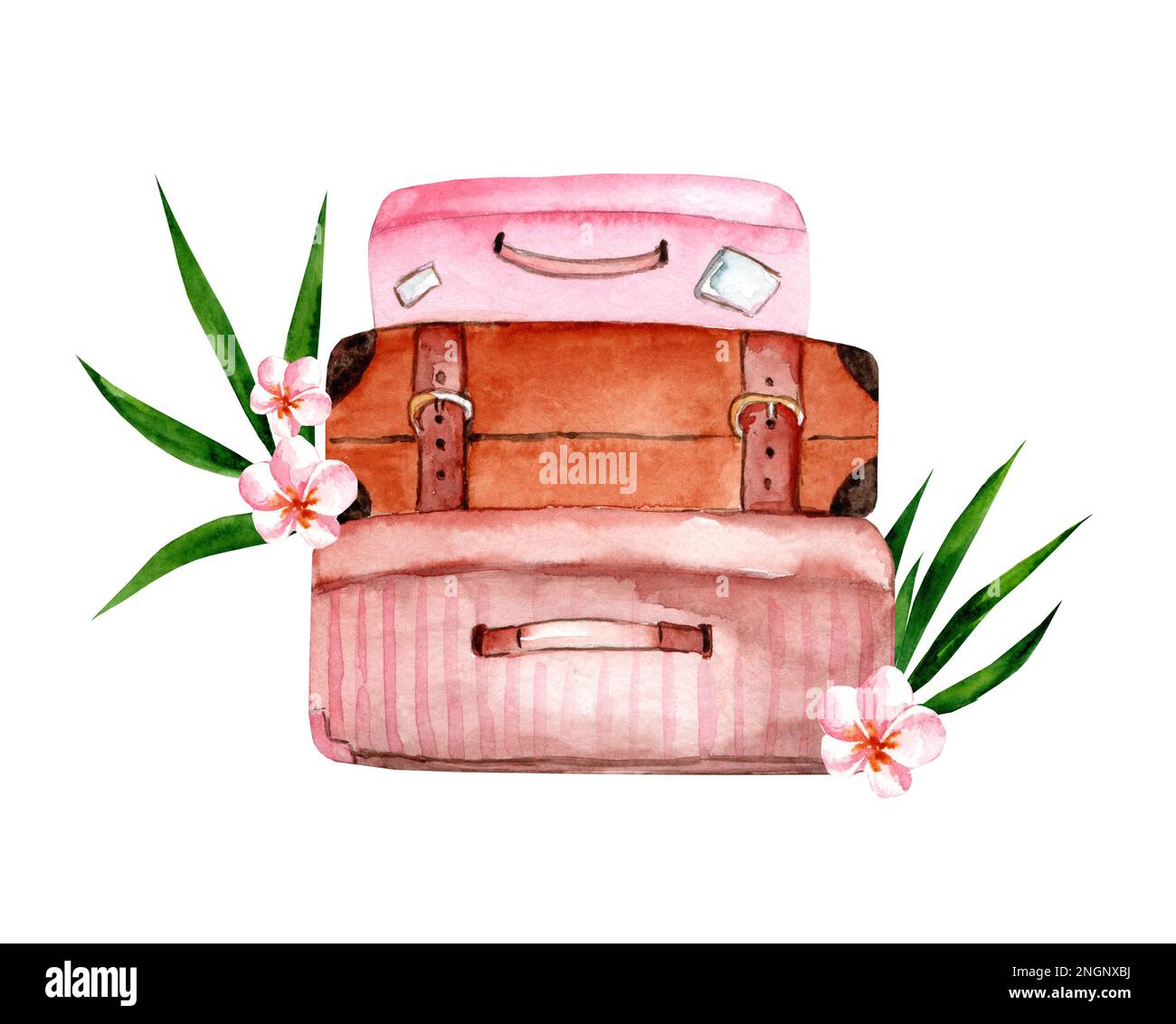 Vacanza. Valigie, borse, piante tropicali. Illustrazioni acquerello. Foto Stock