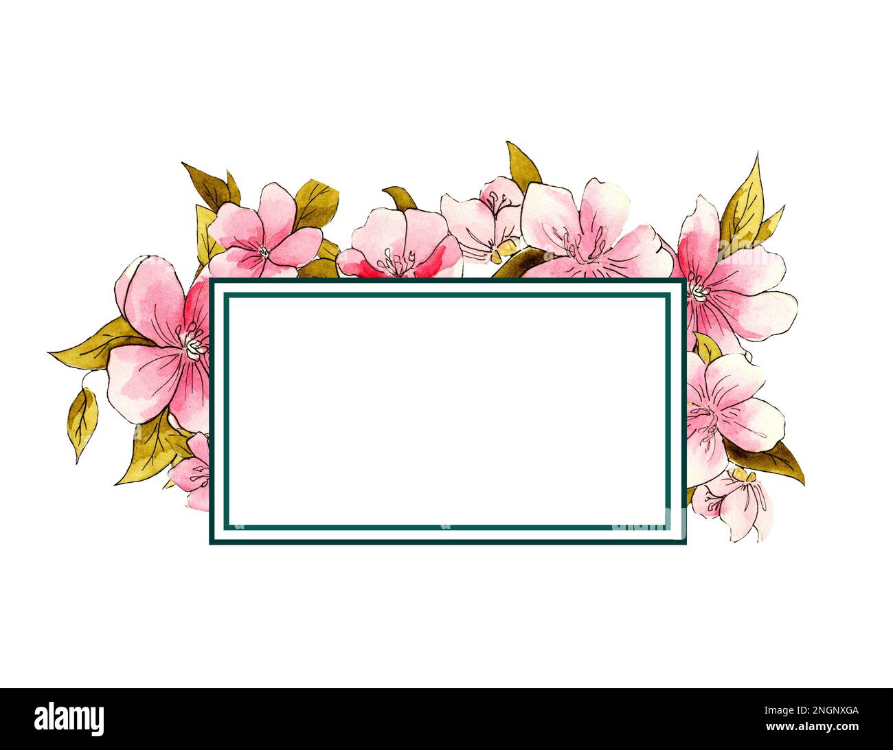 Acquerello disegno di fiori rosa con foglie su sfondo bianco. Telaio per il design Foto Stock