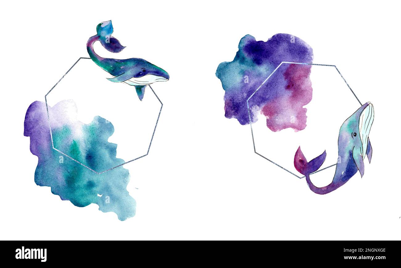 Acquerello illustrazione di una balena nello spazio su sfondo bianco. Cornice per decorazione Foto Stock