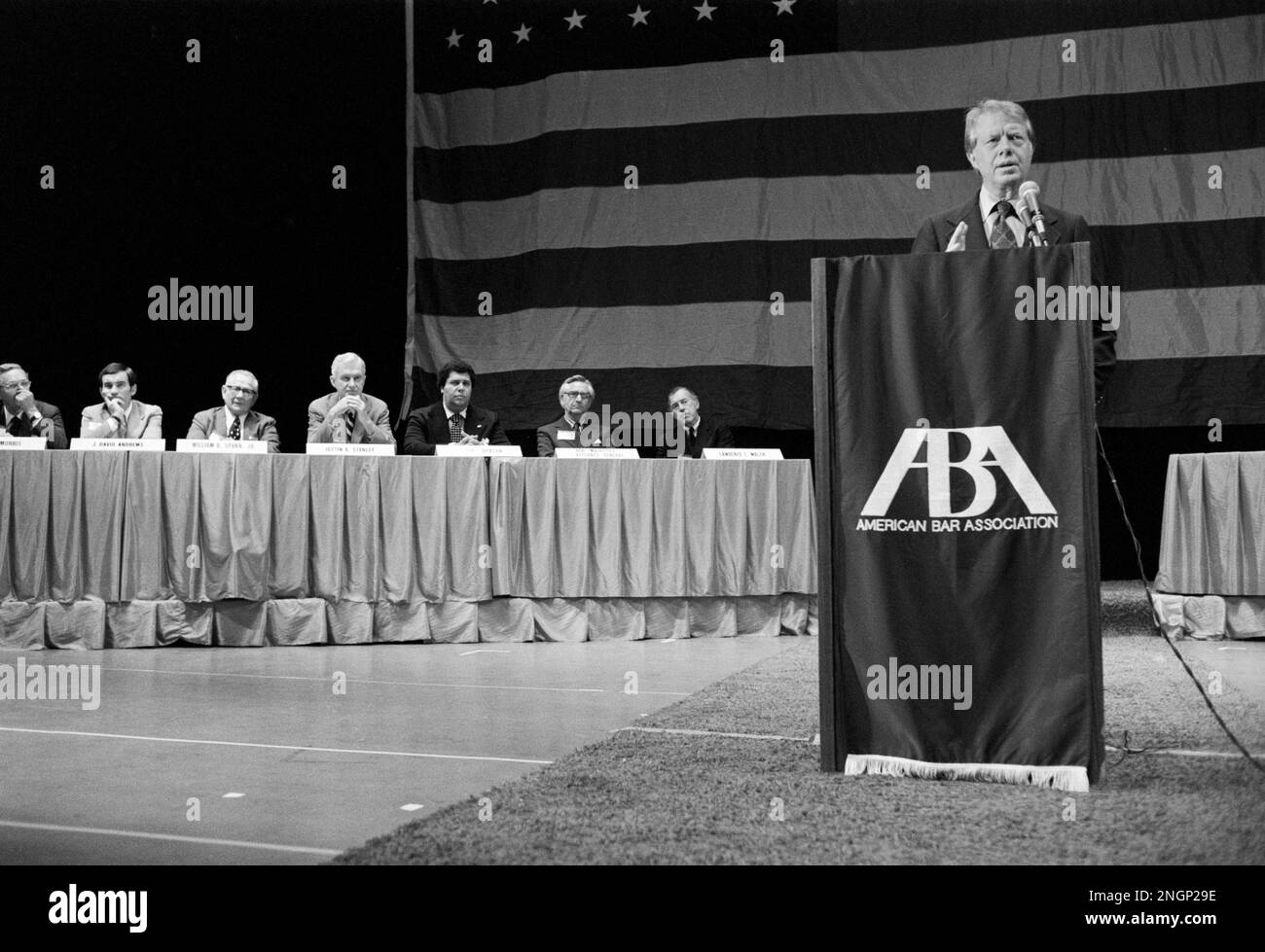 Il presidente Jimmy carter parla prima dell'incontro annuale dell'ABA - American Bar Association nel 1977. Foto Stock