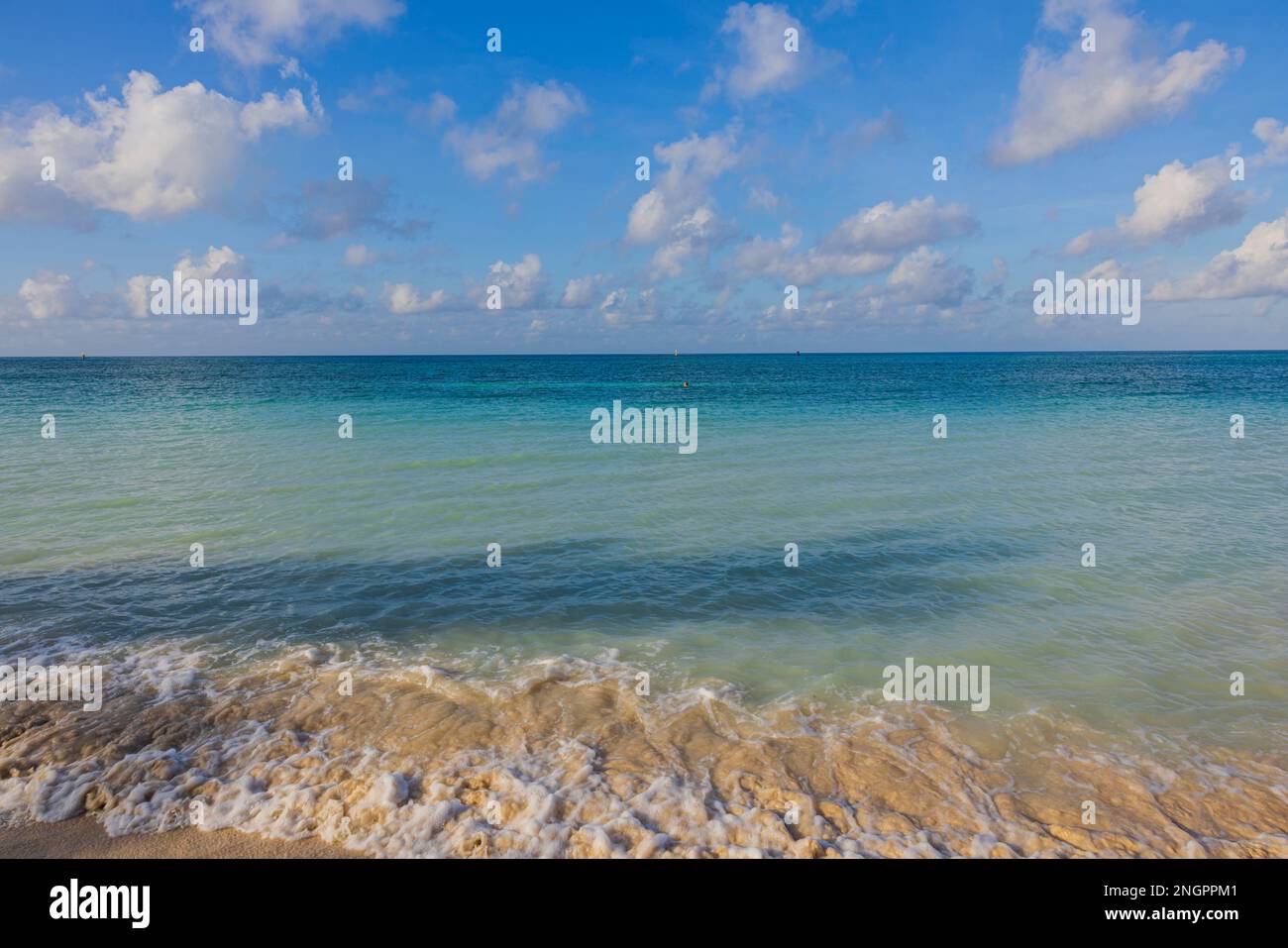 Splendida vista dell'alba di prima mattina sulla spiaggia sabbiosa nell'oceano Atlantico. Aruba. Foto Stock